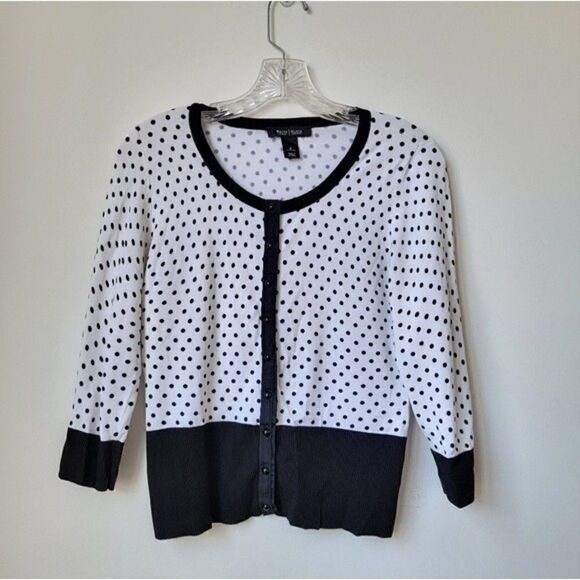 WHITE House Black Market Polka Dot Print Black White 3/4 Sleeve Cardigan Small - Picture 7 of 9